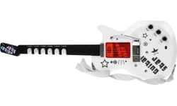 Gitara elektryczna ze statywem i mikrofonem, biała
