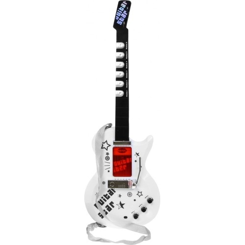 Gitara elektryczna ze statywem i mikrofonem, biała