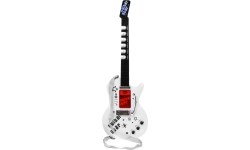 Gitara elektryczna ze statywem i mikrofonem, biała