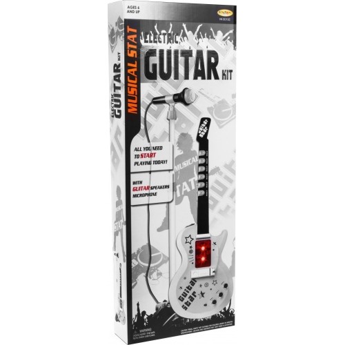 Gitara elektryczna ze statywem i mikrofonem, biała