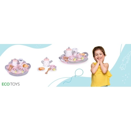 Drewniany zestaw filiżanek i czajniczka do herbaty, 15 elementów, ECOTOYS