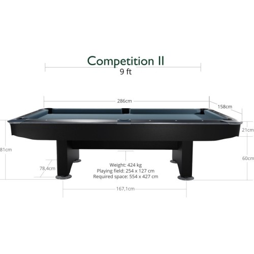 Stół bilardowy, Pool, Competition II, czarny mat, 7 stóp, obrus żółto-zielony