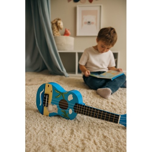 Gitara ukulele dla dzieci drewniana 4 struny nylonowe kostka do gry ECOTOYS