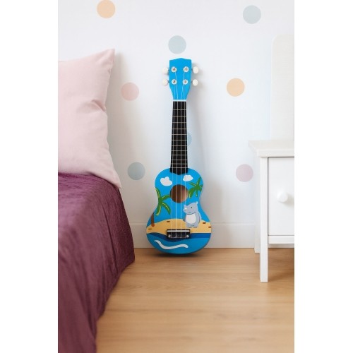 Gitara ukulele dla dzieci drewniana 4 struny nylonowe kostka do gry ECOTOYS