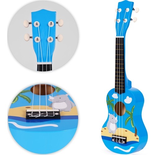Drewniana ukulele gitara dla dzieci, 4 struny nylonowe z kostką, ECOTOYS
