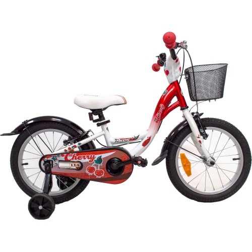 Rower 4KIDS Cherry 16" // 1-biegowy, rozmiar 9,5" (24 cm), hamulce V-Brake i nożny, stalowy (czerwony/biały)