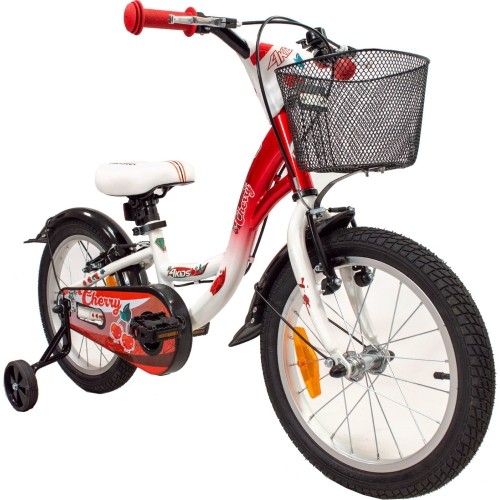 Rower 4KIDS Cherry 16" // 1-biegowy, rozmiar 9,5" (24 cm), hamulce V-Brake i nożny, stalowy (czerwony/biały)