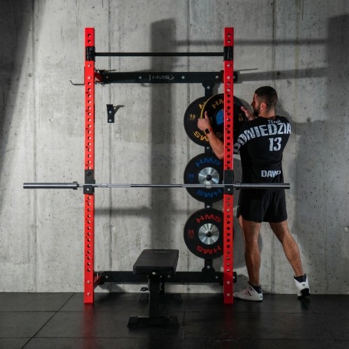 Naścienna przesuwna klatka treningowa z ławką KLT34, czerwona, HMS Fitness