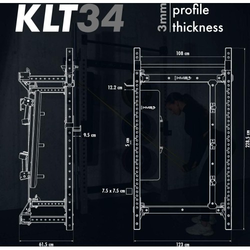 Naścienna przesuwna klatka treningowa z ławką KLT34 szara HMS Fitness