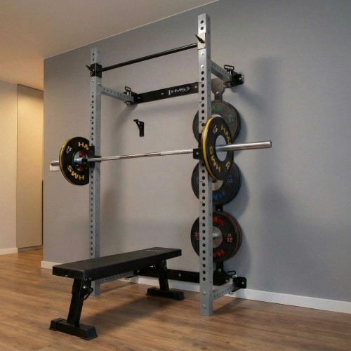 Naścienna przesuwna klatka treningowa z ławką KLT34 szara HMS Fitness