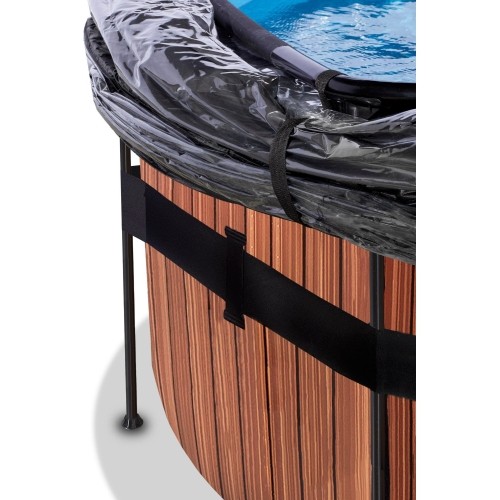Basen EXIT Wood ø488x122 cm z pompą z filtrem piaskowym, kopułą i pompą ciepła, brązowy