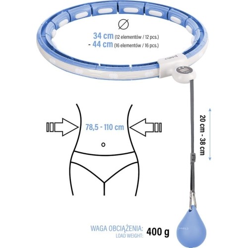 HHM15 HULA HOOP NIEBIESKI MAGNETYCZNY Z OBCIĄŻNIKIEM + LICZNIK HMS