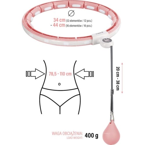 HHM15 HULA HOOP RÓŻOWY MAGNETYCZNY Z OBCIĄŻNIKIEM + LICZNIK HMS