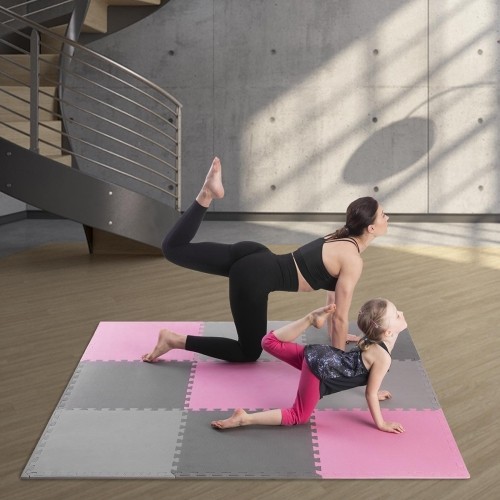 Gumowa podłoga, mata puzle do siłowni HMS MP10, Jasnoszary-Różowy-Ciemnoszary, 60x60x1 cm (9 szt.)