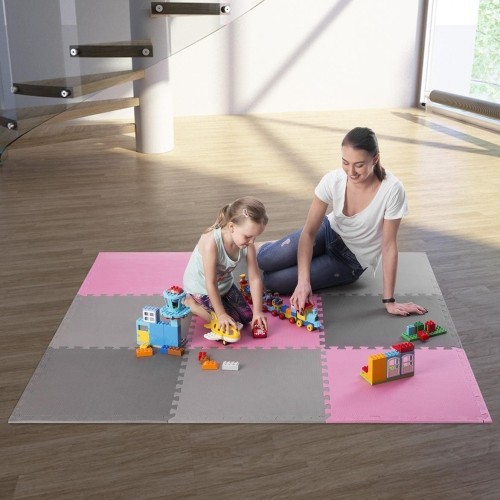 Gumowa podłoga, mata puzle do siłowni HMS MP10, Jasnoszary-Różowy-Ciemnoszary, 60x60x1 cm (9 szt.)