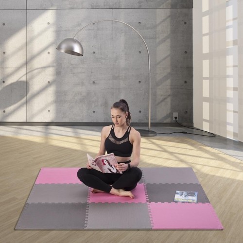 Gumowa podłoga, mata puzle do siłowni HMS MP10, Jasnoszary-Różowy-Ciemnoszary, 60x60x1 cm (9 szt.)