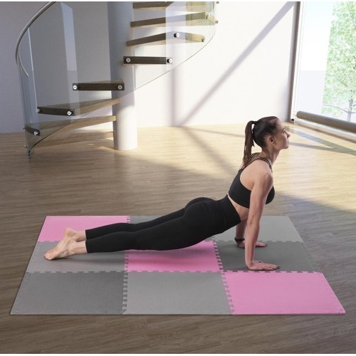 Gumowa podłoga, mata puzle do siłowni HMS MP10, Jasnoszary-Różowy-Ciemnoszary, 60x60x1 cm (9 szt.)
