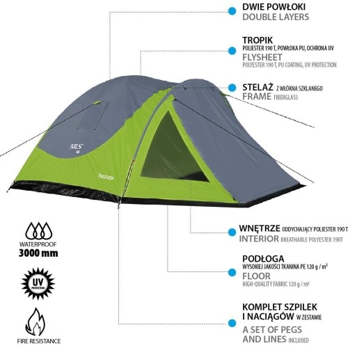 Zielono-szary namiot kempingowy NC6006 Discovery Nils Camp