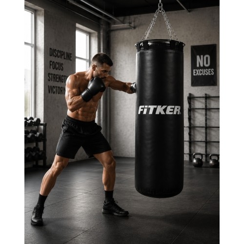 Worek bokserski Fitker® Olympic ELITE, czarny, sztuczna skóra - 110x35cm