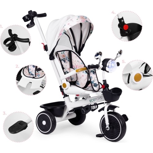 Rowerek trójkołowy dla dzieci spacerówka obracane siedzisko pchacz daszek ECOTOYS