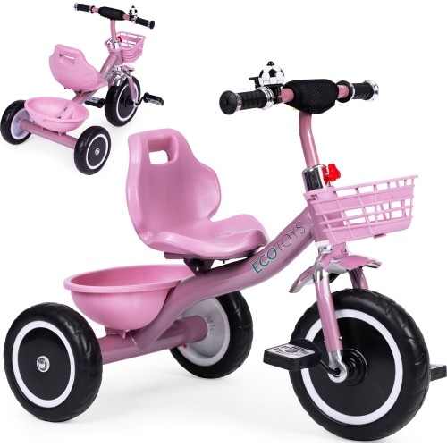 Rowerek trójkołowy z antypoślizgowymi rączkami, dzwonkiem i koszykiem, różowy ECOTOYS