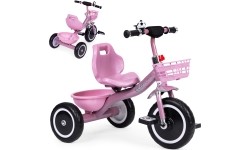 Rowerek trójkołowy z antypoślizgowymi rączkami, dzwonkiem i koszykiem, różowy ECOTOYS