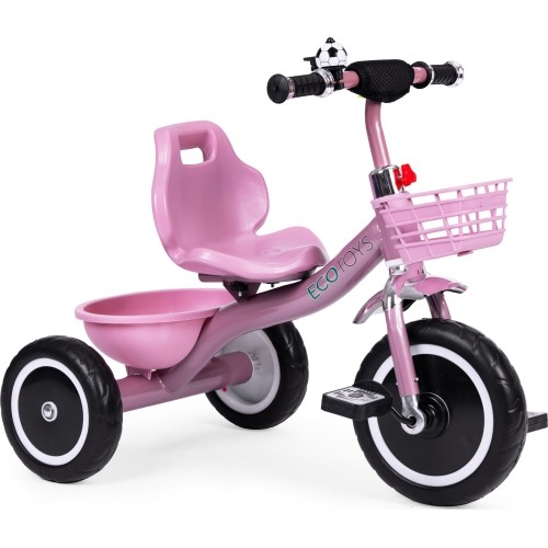 Rowerek trójkołowy z antypoślizgowymi rączkami, dzwonkiem i koszykiem, różowy ECOTOYS