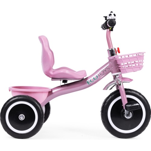 Rowerek trójkołowy z antypoślizgowymi rączkami, dzwonkiem i koszykiem, różowy ECOTOYS
