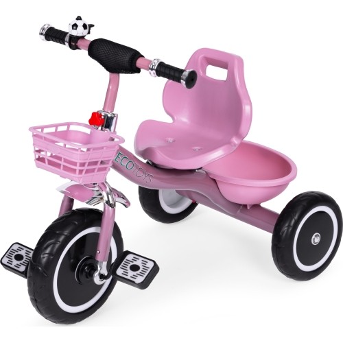 Rowerek trójkołowy z antypoślizgowymi rączkami, dzwonkiem i koszykiem, różowy ECOTOYS
