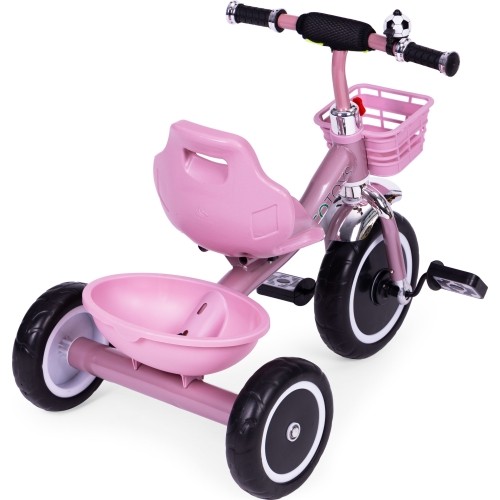 Rowerek trójkołowy z antypoślizgowymi rączkami, dzwonkiem i koszykiem, różowy ECOTOYS