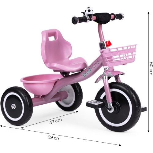 Rowerek trójkołowy z antypoślizgowymi rączkami, dzwonkiem i koszykiem, różowy ECOTOYS