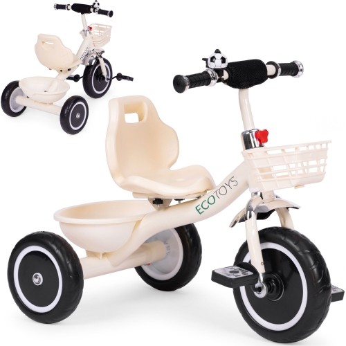 Rowerek trójkołowy z antypoślizgowymi rączkami, dzwonkiem i koszykiem, beżowy ECOTOYS