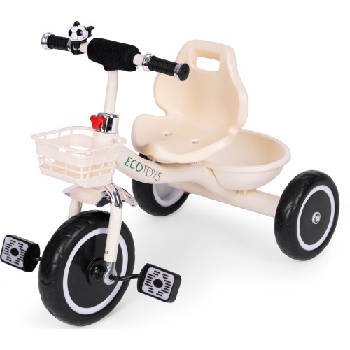 Rowerek trójkołowy z antypoślizgowymi rączkami, dzwonkiem i koszykiem, beżowy ECOTOYS
