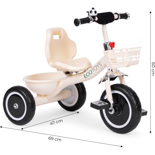 Rowerek trójkołowy z antypoślizgowymi rączkami, dzwonkiem i koszykiem, beżowy ECOTOYS