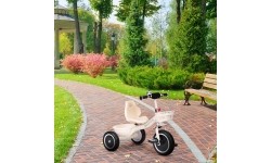 Rowerek trójkołowy z antypoślizgowymi rączkami, dzwonkiem i koszykiem, beżowy ECOTOYS