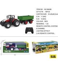 Czerwony traktor zdalnie sterowany z zieloną naczepą