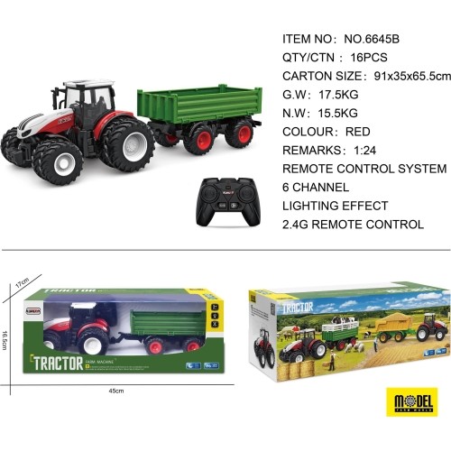 Czerwony traktor zdalnie sterowany z zieloną naczepą