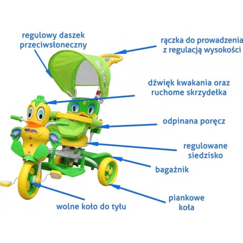 Trójkołowy rowerek dziecięcy, zielony, z dźwiękami, daszkiem, barierką, podnóżkiem, uchwytem i schowkiem