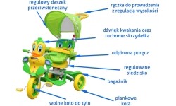 Trójkołowy rowerek dziecięcy, zielony, z dźwiękami, daszkiem, barierką, podnóżkiem, uchwytem i schowkiem