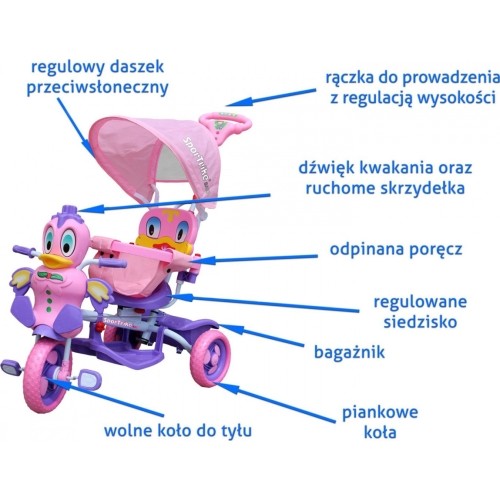 3-kołowy rower dziecięcy Purple Duck Kids Bike + dźwięki + daszek + barierka + podnóżek + uchwyt + schowek