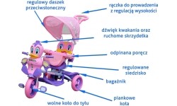 3-kołowy rower dziecięcy Purple Duck Kids Bike + dźwięki + daszek + barierka + podnóżek + uchwyt + schowek