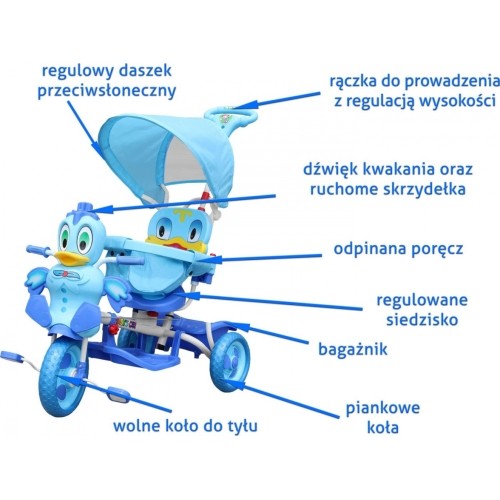 Trójkołowy rowerek dziecięcy Duck, niebieski, z dźwiękami, daszkiem, barierką, podnóżkiem, uchwytem i schowkiem