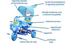 Trójkołowy rowerek dziecięcy Duck, niebieski, z dźwiękami, daszkiem, barierką, podnóżkiem, uchwytem i schowkiem