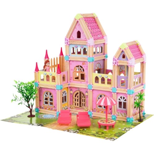 Drewniany domek z akcesoriami, 183 szt.