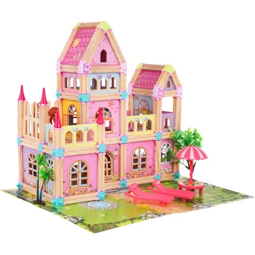 Drewniany domek z akcesoriami, 183 szt.