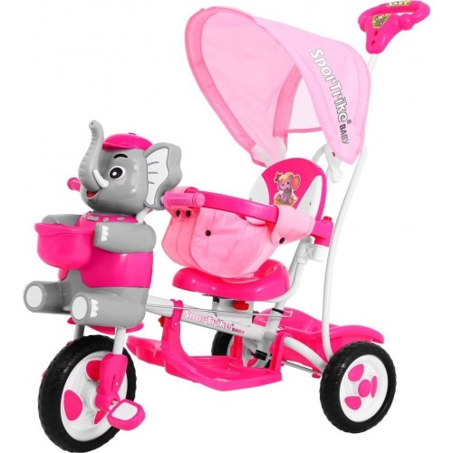 Trójkołowy rowerek dziecięcy Elephant Pink + dźwięki + daszek + barierka + podnóżek + rączka + koszyk