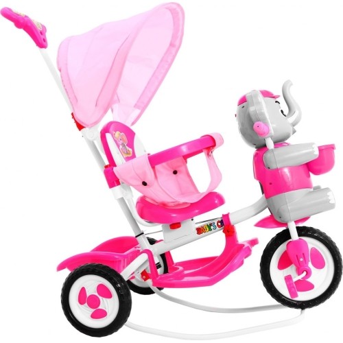 Trójkołowy rowerek dziecięcy Elephant Pink + dźwięki + daszek + barierka + podnóżek + rączka + koszyk