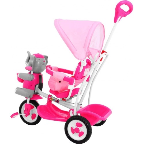 Trójkołowy rowerek dziecięcy Elephant Pink + dźwięki + daszek + barierka + podnóżek + rączka + koszyk