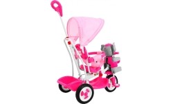Trójkołowy rowerek dziecięcy Elephant Pink + dźwięki + daszek + barierka + podnóżek + rączka + koszyk