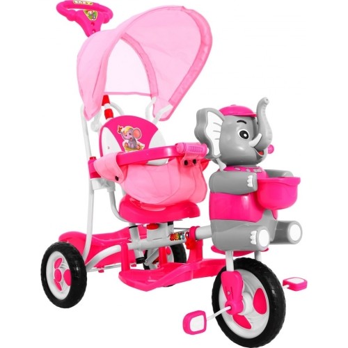 Trójkołowy rowerek dziecięcy Elephant Pink + dźwięki + daszek + barierka + podnóżek + rączka + koszyk